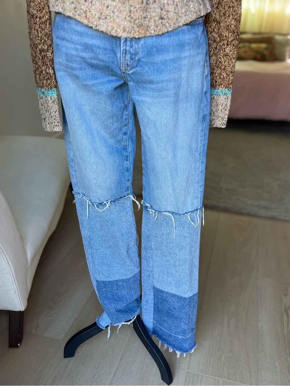 Zara TRF Patchwork Bootcut Jeans Mid Rise Raw Hem Blue US 4